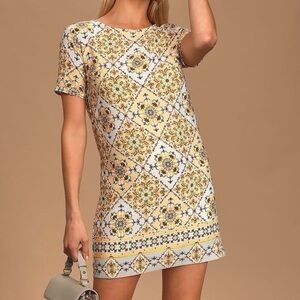 Lulu's Dandy Lion Geometric Yellow Print Shift Mini Dress